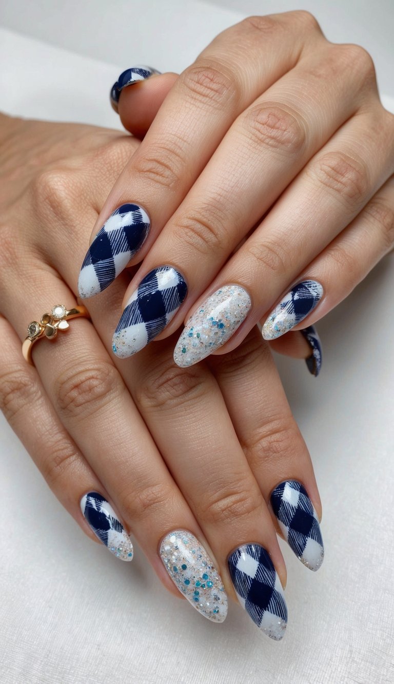 A navy plaid pattern with glittery tips on a set of 50 nails