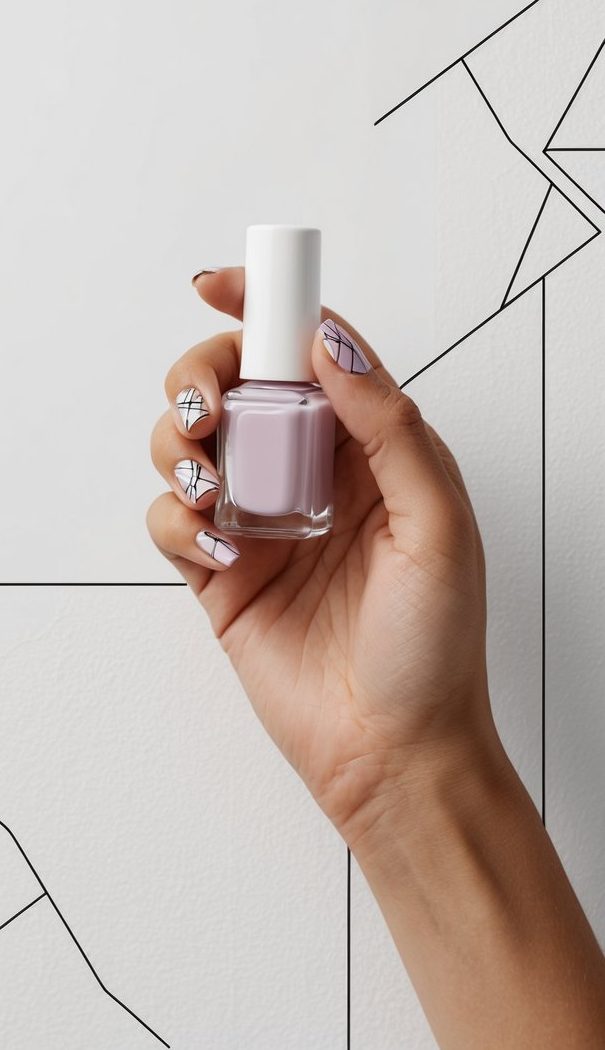 A hand holding a nail polish bottle, painting delicate geometric patterns on a minimalist background