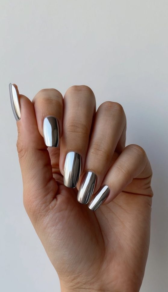 A hand with chrome-accented minimal nail art, against a simple background