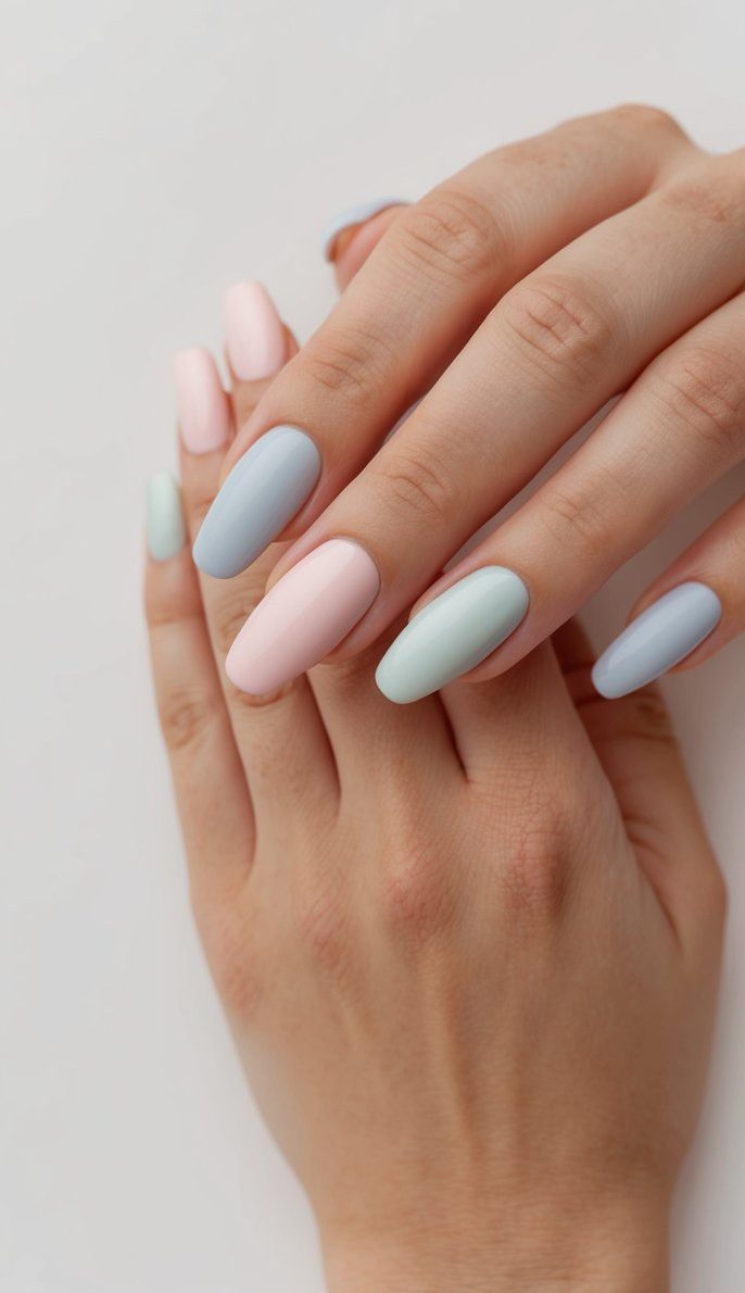 A serene scene of pastel-colored nails arranged in a minimalist and chic manner