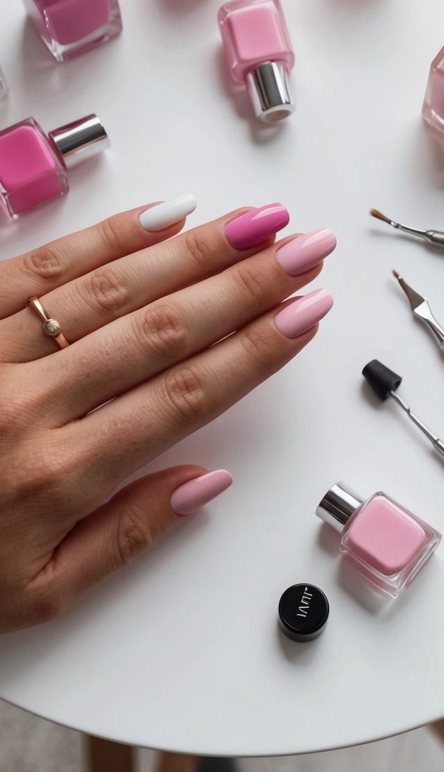 A white table with various shades of pink nail polish bottles and nail art tools scattered around