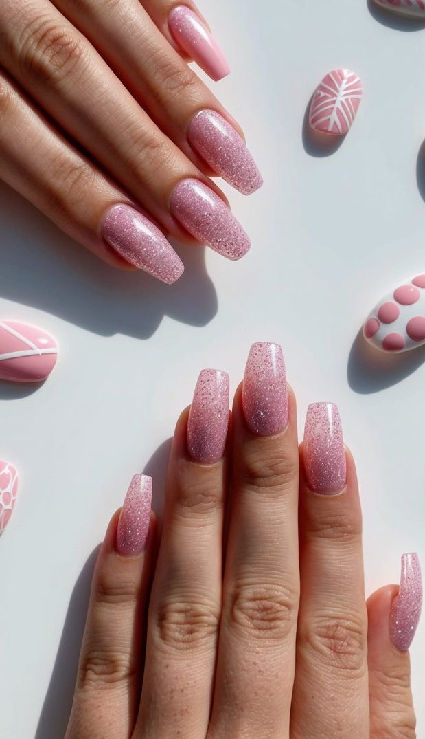 Soft pink glittery nails on a clean white surface with various pink and white nail art designs scattered around