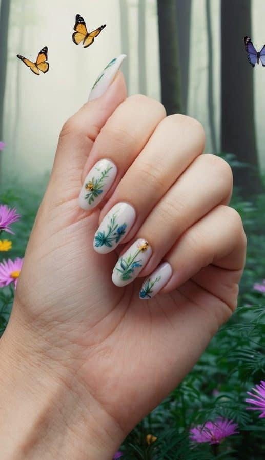A serene forest with vibrant flowers and delicate butterflies fluttering around, creating a whimsical and enchanting atmosphere