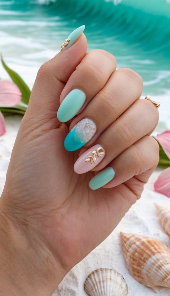 A serene beach scene with ombre turquoise waves crashing onto the shore, surrounded by pastel-colored seashells and tropical flowers
