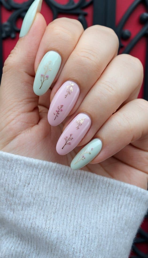 A dark red gothic background with delicate pastel nail art designs