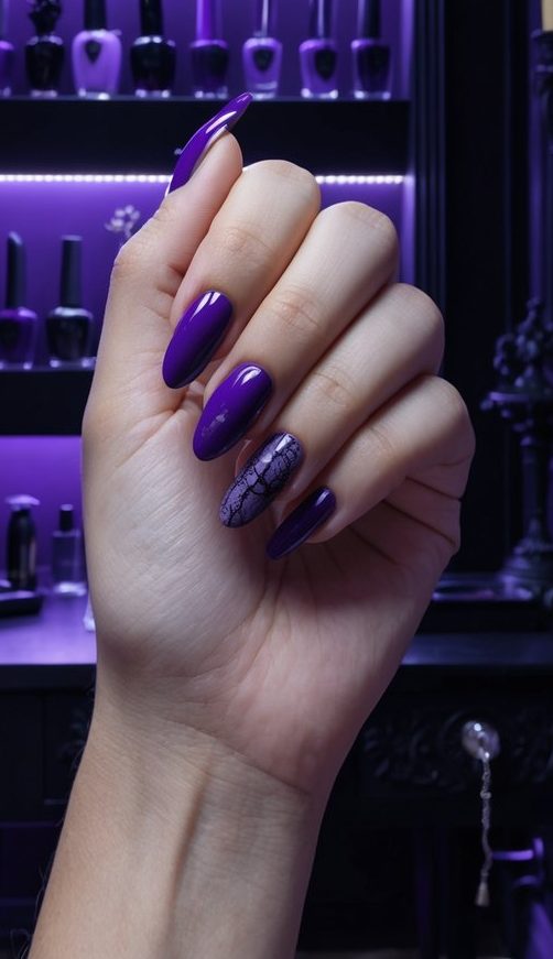 A dark, gothic-themed nail salon with moody lighting and elegant, vampiric decor. Purple and black nail polish bottles line the shelves, while a mysterious aura fills the air