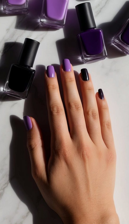 Purple and black nail polish bottles arranged on a marble surface with dramatic lighting