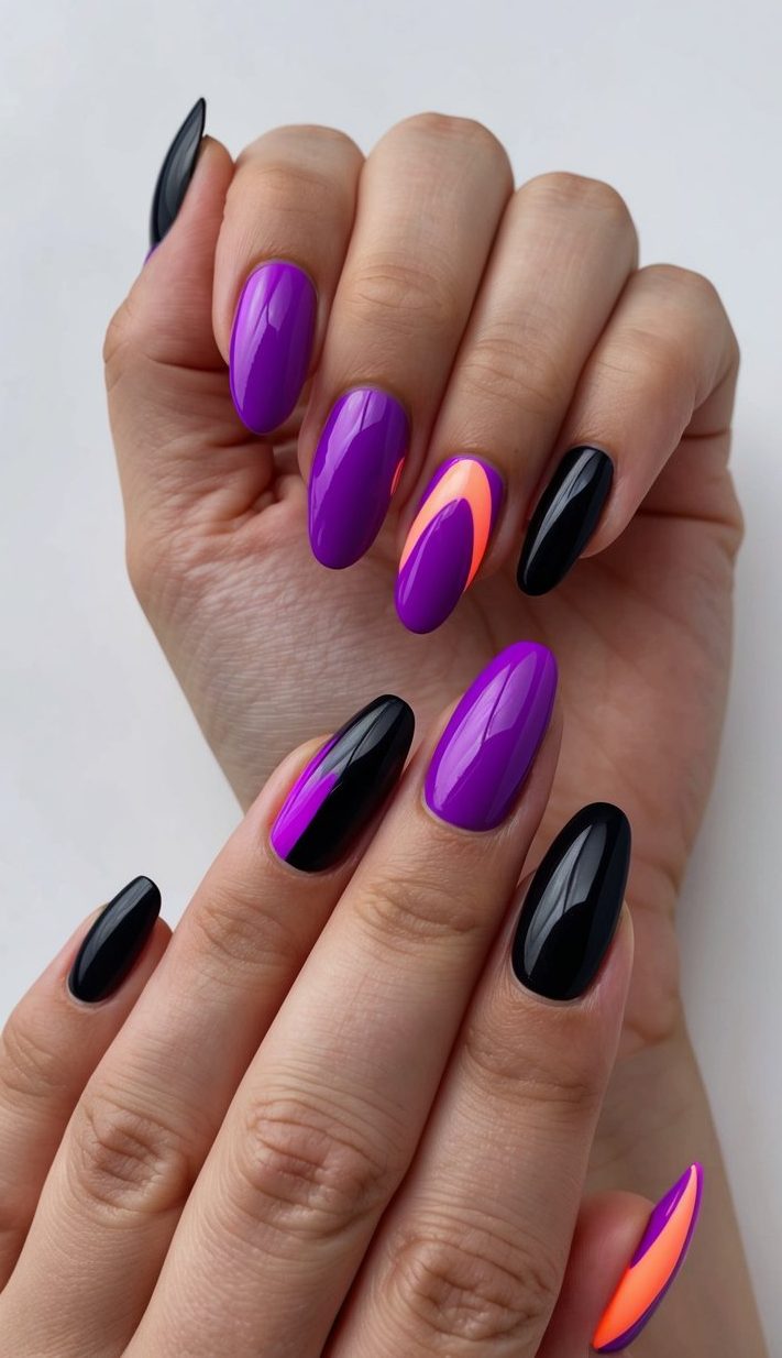 A close-up of purple and black nails with neon pop accents