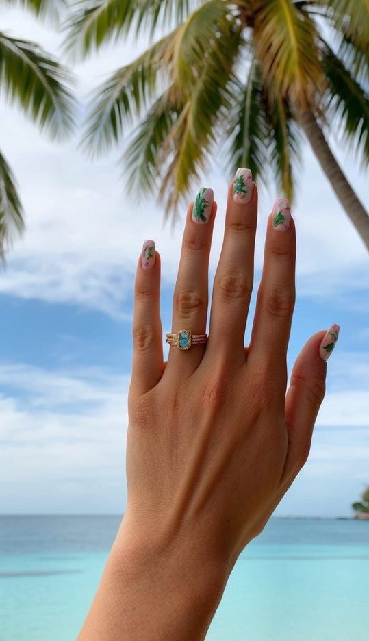 A serene beach scene with palm trees, crystal clear water, and vibrant tropical flowers