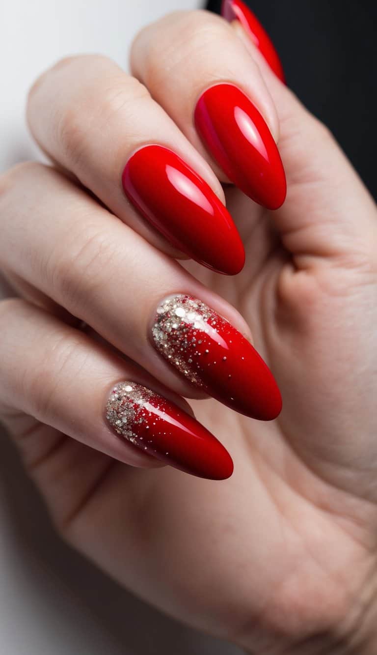 A close-up of red nails with glittery accents, set against a dark background, showcasing elegant and glamorous prom nail art