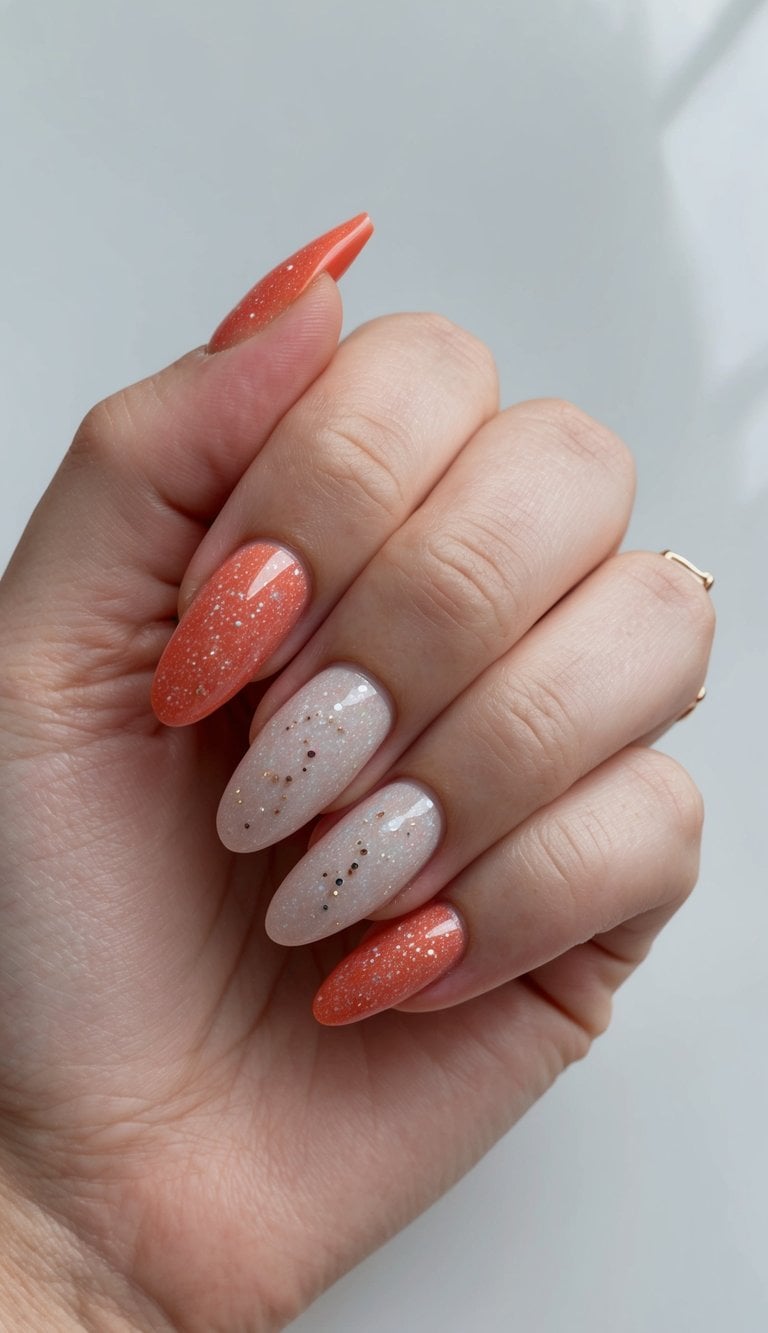 A sparkling coral and glitter fade nail design on a sleek, manicured surface