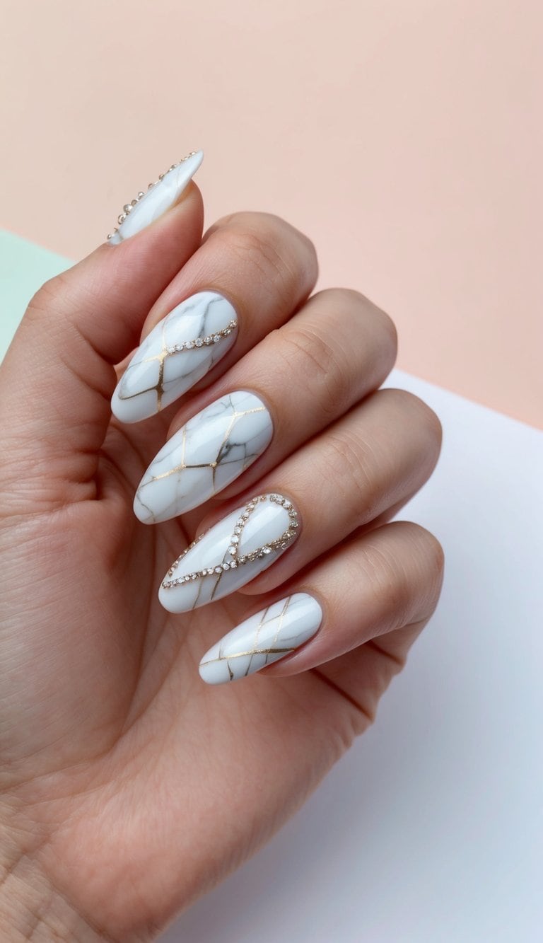 A close-up of white marble-effect nails with intricate designs and shimmering accents, set against a soft pastel background
