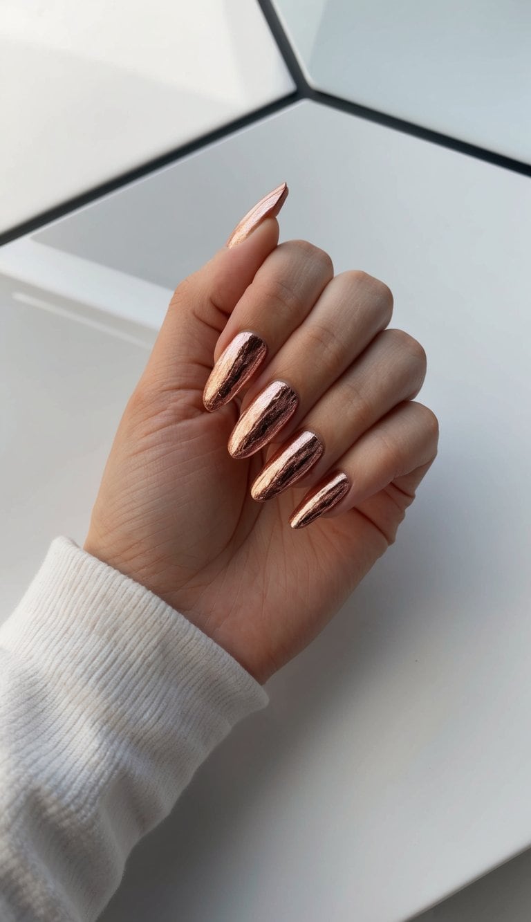 Shimmering rose gold foil nail designs displayed on a sleek, modern nail salon table
