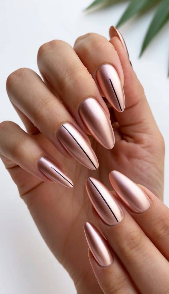 A sleek and modern rose gold nail design with minimal lines