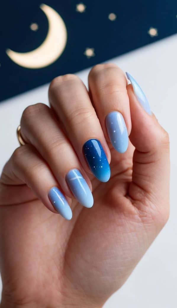 A serene night sky with a crescent moon and scattered stars, set against a dark background