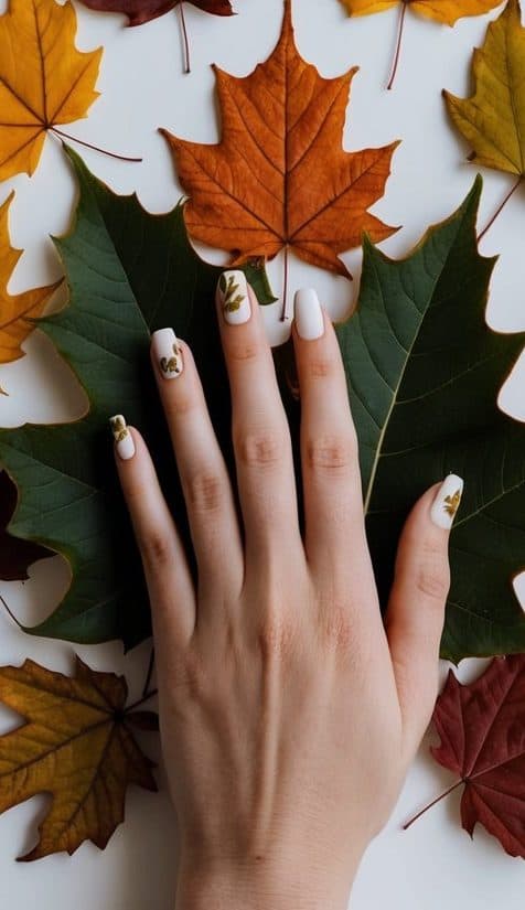 A collection of autumn leaves arranged around a set of simple yet stylish nail art designs