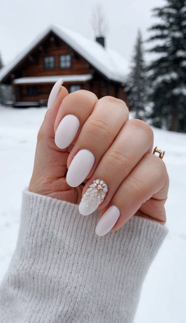 A snowy landscape with a cozy cabin and pine trees