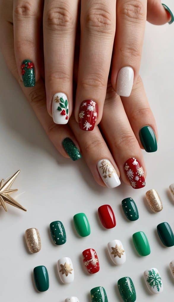 A collection of 50 festive nail art designs displayed on a clean, white surface with various colors, patterns, and sparkly accents