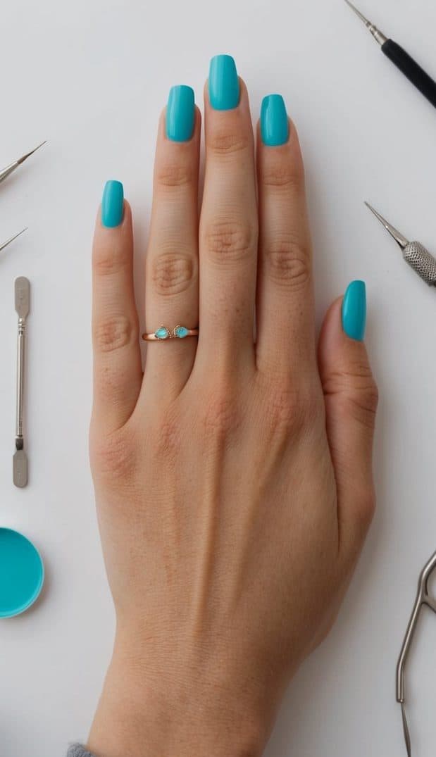 A hand with turquoise nail polish resting on a white surface, surrounded by minimalist nail art tools and accessories