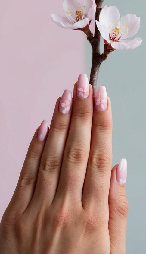 A delicate cherry blossom branch with pink petals against a soft pastel background
