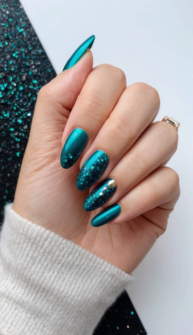 Shimmering teal nail polish on a black background with glitter accents