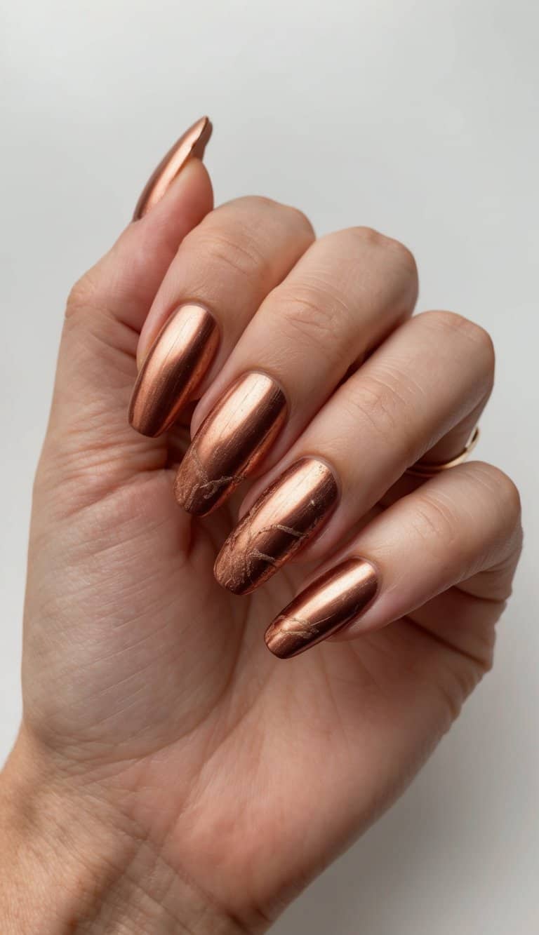 A close-up of a rustic copper metallic nail art design on a neutral background