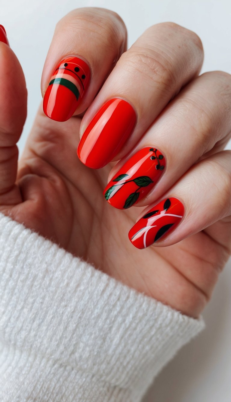 A close-up of tomato red nails with various bold red nail art designs