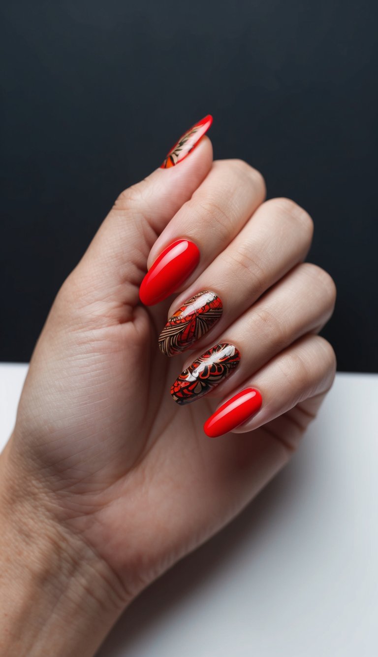 A close-up shot of a vibrant red nail with intricate designs and patterns, set against a dark background to create a bold and striking image