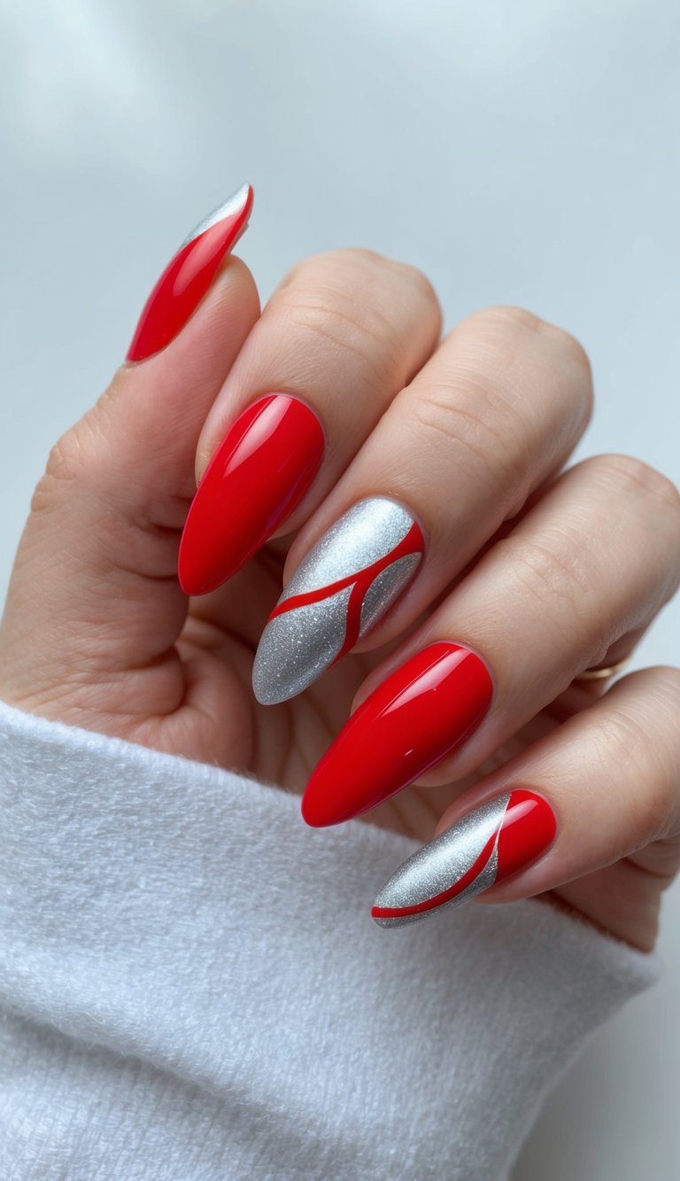 Red and silver swirls intertwining on a vibrant red nail