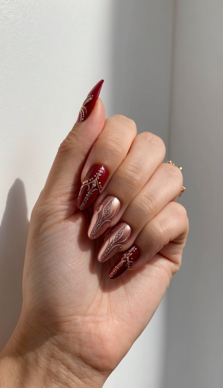 A luxurious red and rose gold nail design with intricate patterns and shimmering accents
