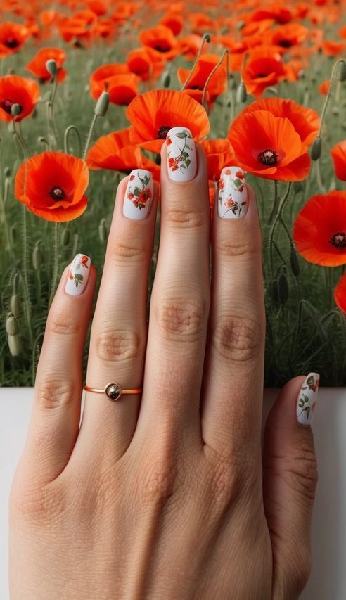 A field of vibrant red poppies in full bloom, set against a backdrop of retro-inspired patterns and designs
