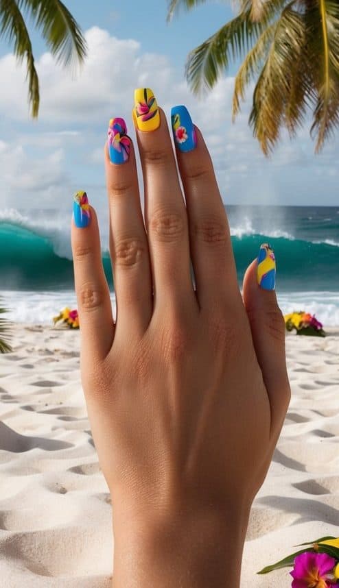 A tropical beach scene with palm trees, vibrant flowers, and crashing waves, with bold and colorful nail art designs scattered throughout the sand