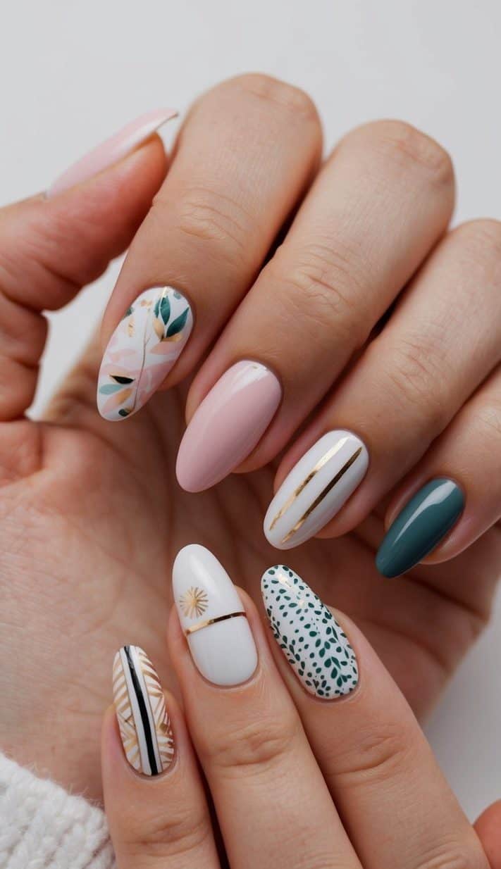 A collection of short nail art designs on display, featuring various patterns and colors to showcase stylish and practical ideas