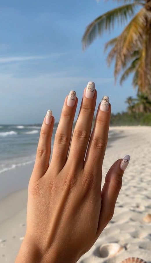 A sandy beach with gentle waves, seashells, and palm trees under a sunny sky