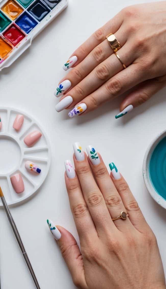 A palette of watercolor paints and a collection of short nail art designs spread out on a clean, white work surface