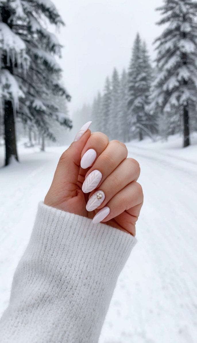 A cozy winter scene with snow-covered trees, icicles, and a serene atmosphere