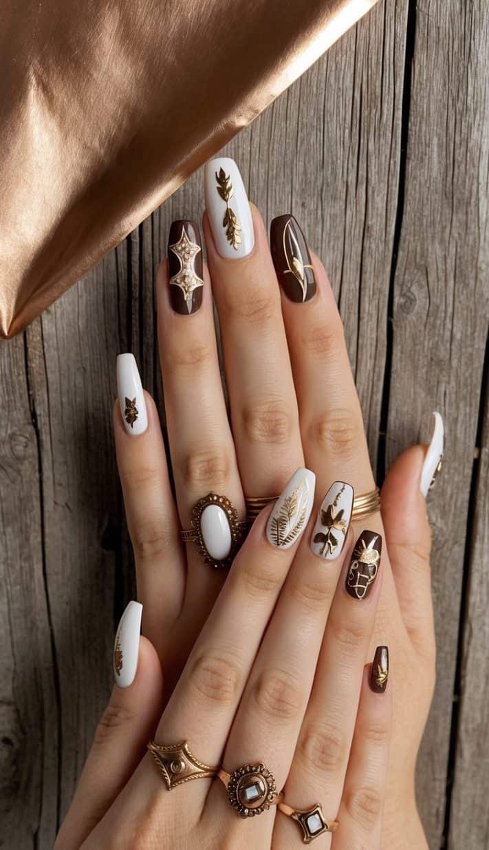 A rustic wooden background adorned with bronze foil highlights and various western-themed nail art designs