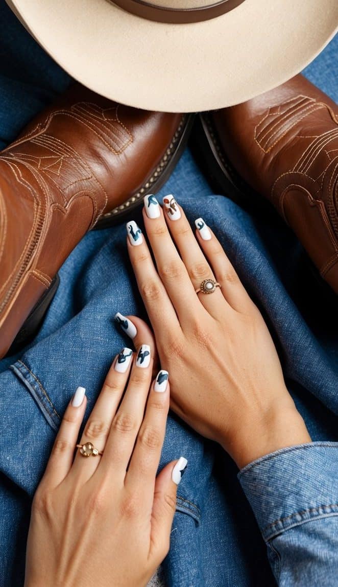 A cowboy hat and boots surrounded by denim fabric and western-themed nail art designs
