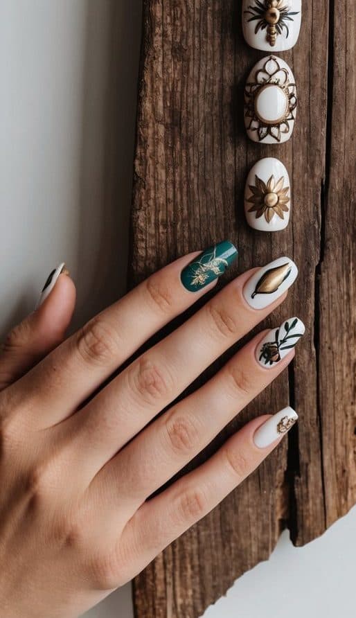 A worn wooden plank with 50 unique western nail art designs painted on top