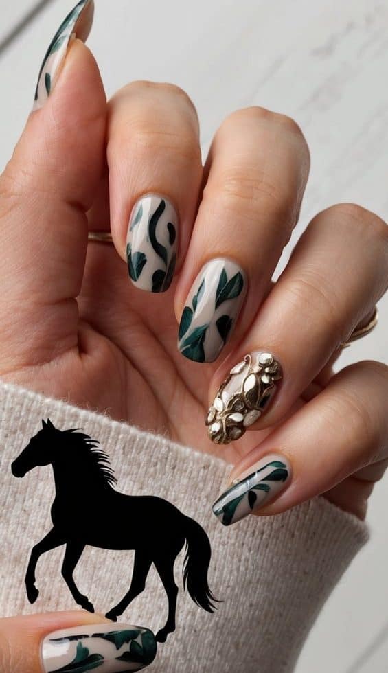 A pinto horse silhouette in a rustic western setting