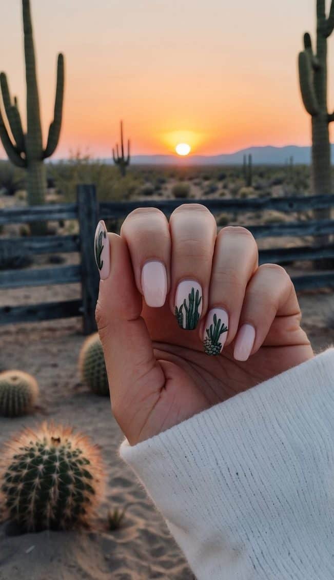 A desert landscape with cacti, tumbleweeds, and a rustic wooden fence under a setting sun