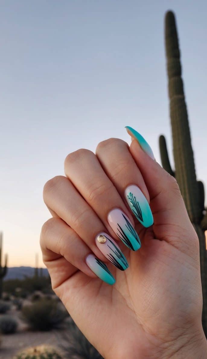 A desert landscape with cacti silhouetted against a gradient sunset sky