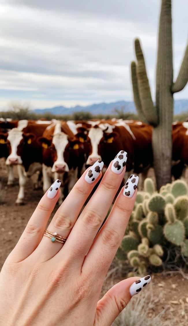 A herd of cow faces grazing in a rustic western landscape, with cacti and tumbleweeds in the background