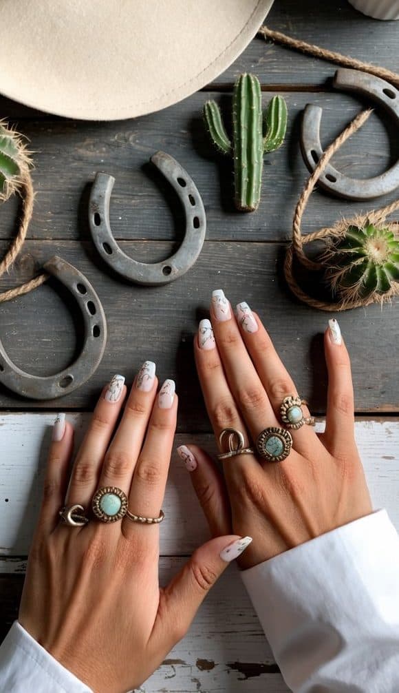 A cowboy hat, horseshoes, cacti, and lassos scattered across a weathered wooden table