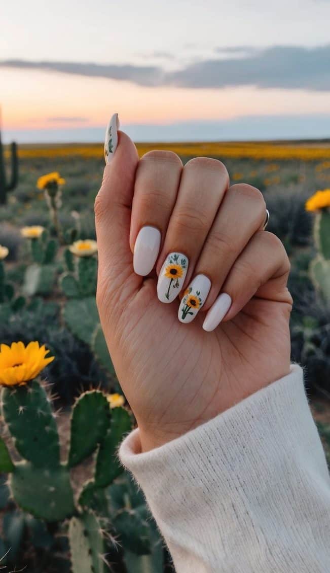 A prairie landscape with wildflowers, cacti, and cowboy boots, set against a sunset sky