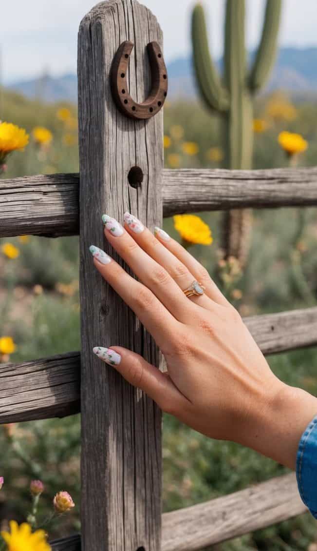 A rustic ranch fence with weathered wood and horseshoe accents, surrounded by wildflowers and cacti
