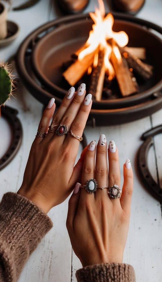 A campfire glows in the center of a rustic western scene, surrounded by cowboy boots, horseshoes, and cacti