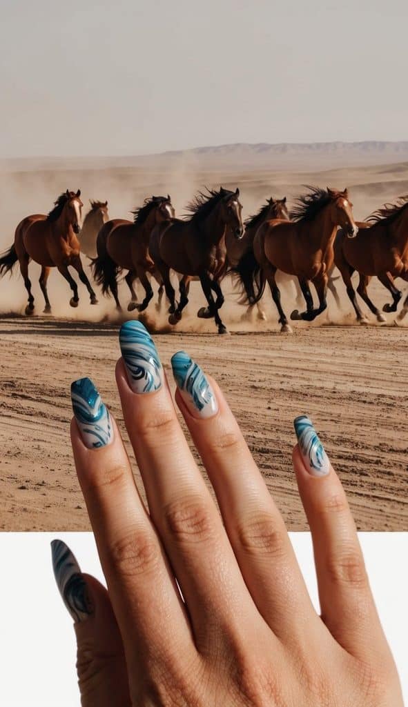 A herd of mustangs galloping across a dusty plain, their flowing manes creating intricate patterns in the wind