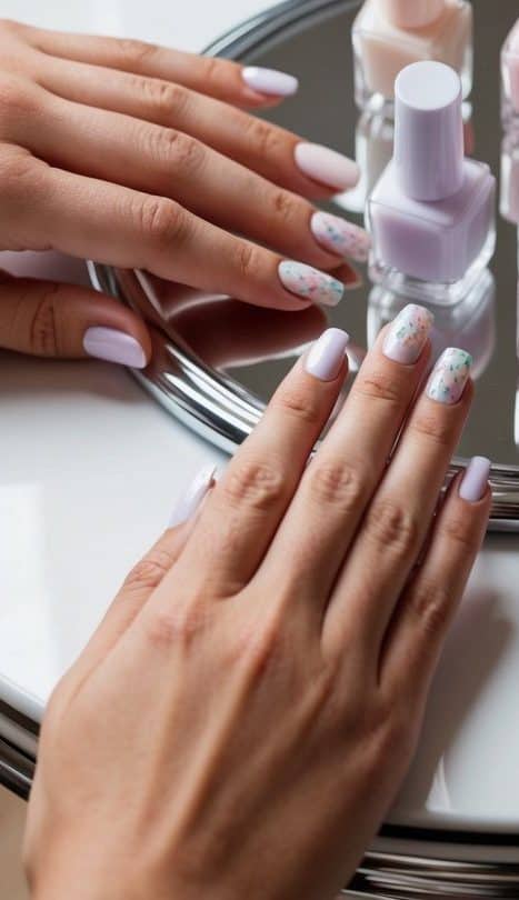 Soft pastel nail polish bottles arranged on a white chrome table with elegant lighting