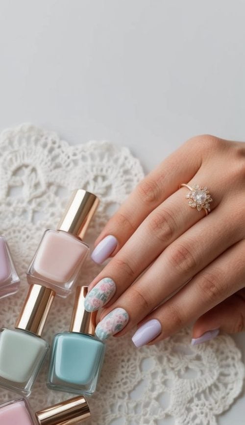 A soft pastel color palette of nail polish bottles arranged on a vintage lace doily with a French twist hairstyle accessory
